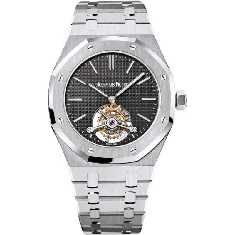 Royal Oak Tourbillon 41MM Stainless Steel Bracelet Black Dial With Petite Tapisserie Pattern Stainless Steel Case - Audemars Piguet