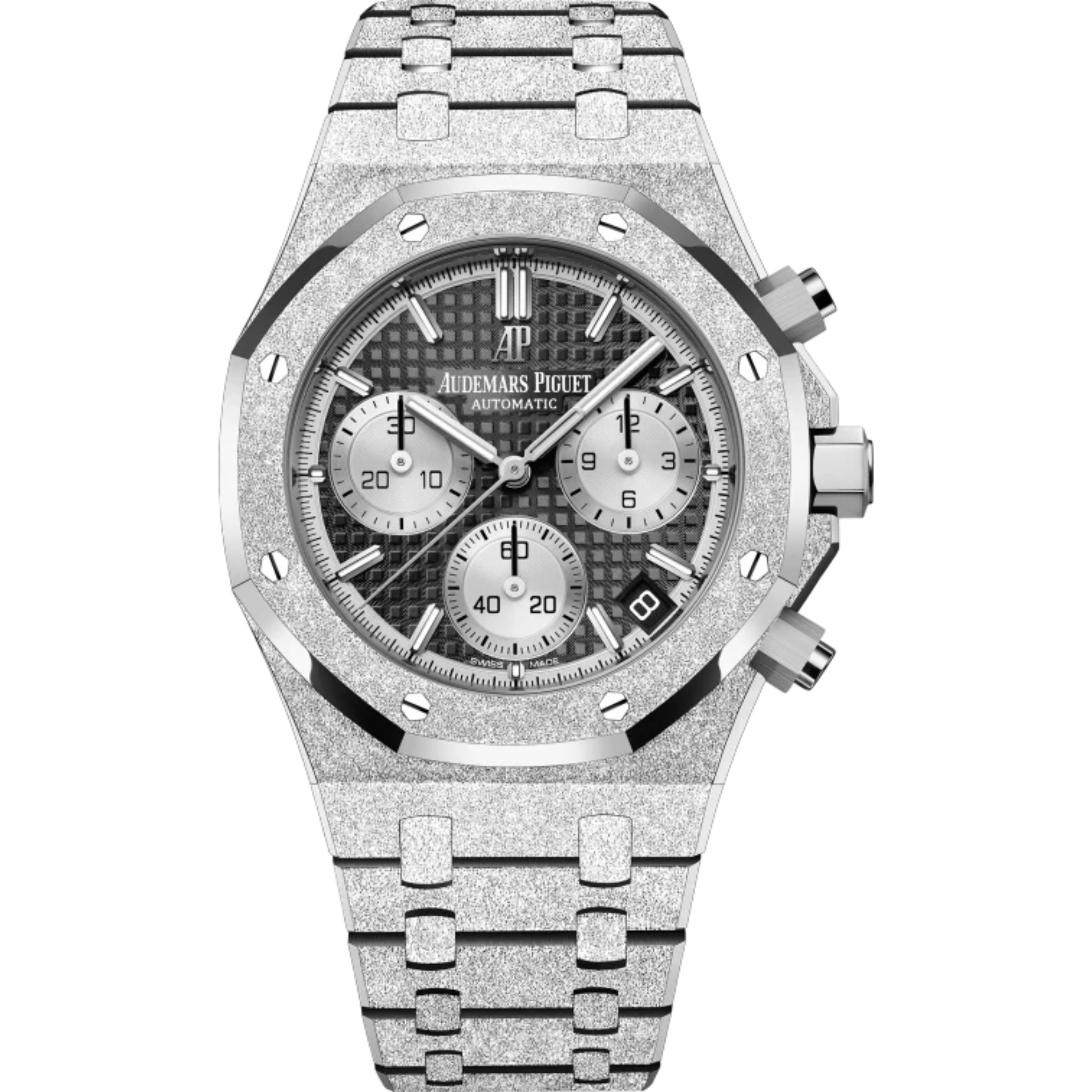 Royal Oak Frosted Gold Selfwinding Chronograph 41MM Hammered 18-Carat White Gold Bracelet Black Dial With Grande Tapisserie Pattern Hammered 18-Carat White Gold Case - Audemars Piguet