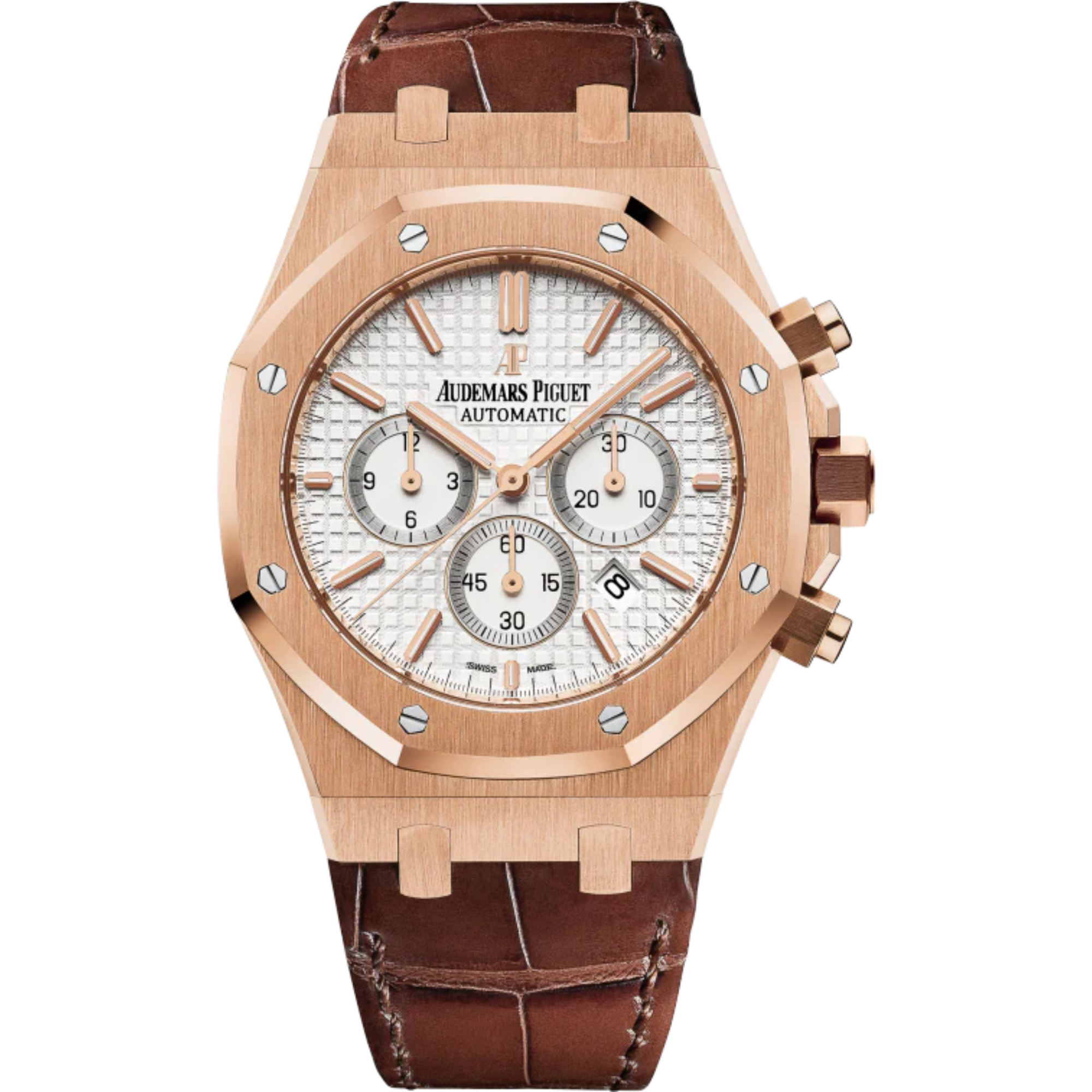 Royal Oak Chronograph 41MM Brown Alligator Strap Silver-Toned Dial With Grande Tapisserie Pattern 18-Carat Pink Gold Case - Audemars Piguet