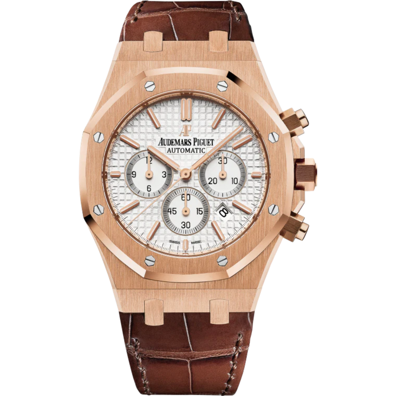 Royal Oak Chronograph 41MM Brown Alligator Strap Silver-Toned Dial With Grande Tapisserie Pattern 18-Carat Pink Gold Case - Audemars Piguet