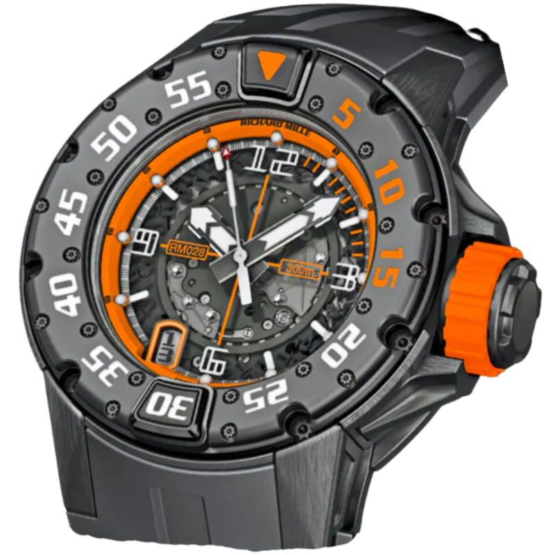 RM 028 Diver Orange Flash Black Rubber Divers Strap DLC-Treated Titanium Case - Richard Mille