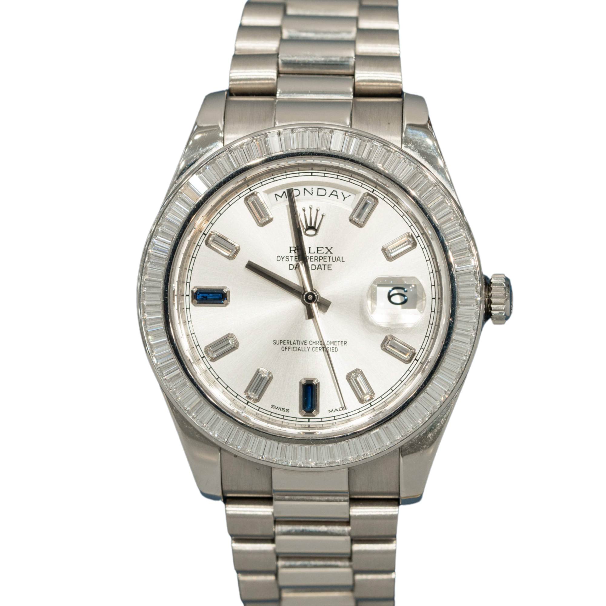 Rolex Day Date Ref. 218399BR 41MM White Gold Baguette Bezel Sapphire Markers - Rolex