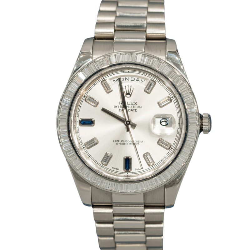 Rolex Day Date Ref. 218399BR 41MM White Gold Baguette Bezel Sapphire Markers - Rolex