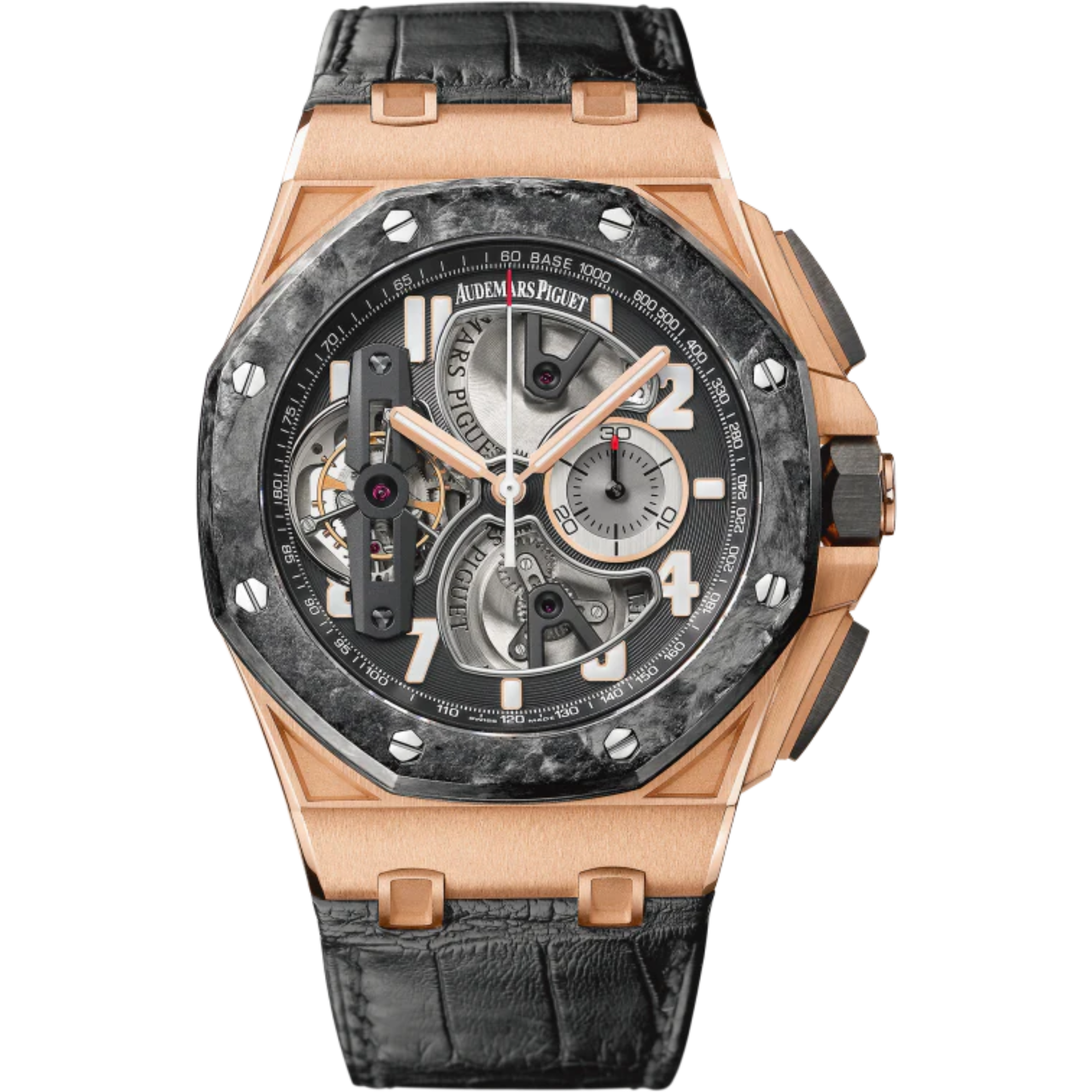 Royal Oak Offshore Tourbillon Chronograph 44MM Black Alligator Strap Black Dial Openworked at 6, 9 and 12 O’Clock 18-Carat Pink Gold Case Forged Carbon Bezel - Audemars Piguet