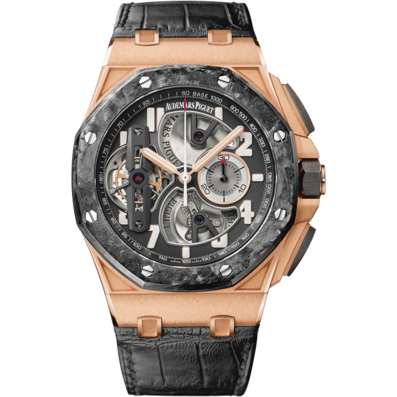 Royal Oak Offshore Tourbillon Chronograph 44MM Black Alligator Strap Black Dial Openworked at 6, 9 and 12 O’Clock 18-Carat Pink Gold Case Forged Carbon Bezel - Audemars Piguet