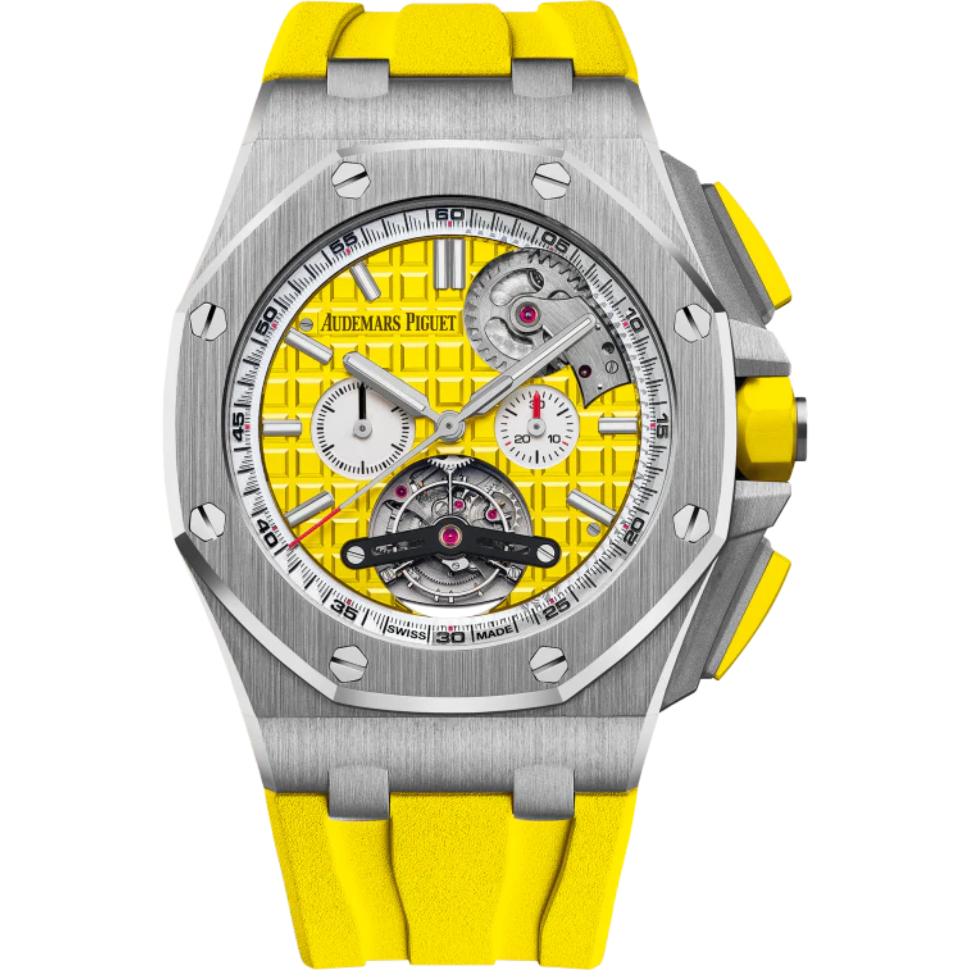 Royal Oak Offshore Tourbillon Chronograph Selfwinding 44MM Yellow Rubber Strap Yellow Dial With Méga Tapisserie Pattern Stainless Steel Case - Audemars Piguet