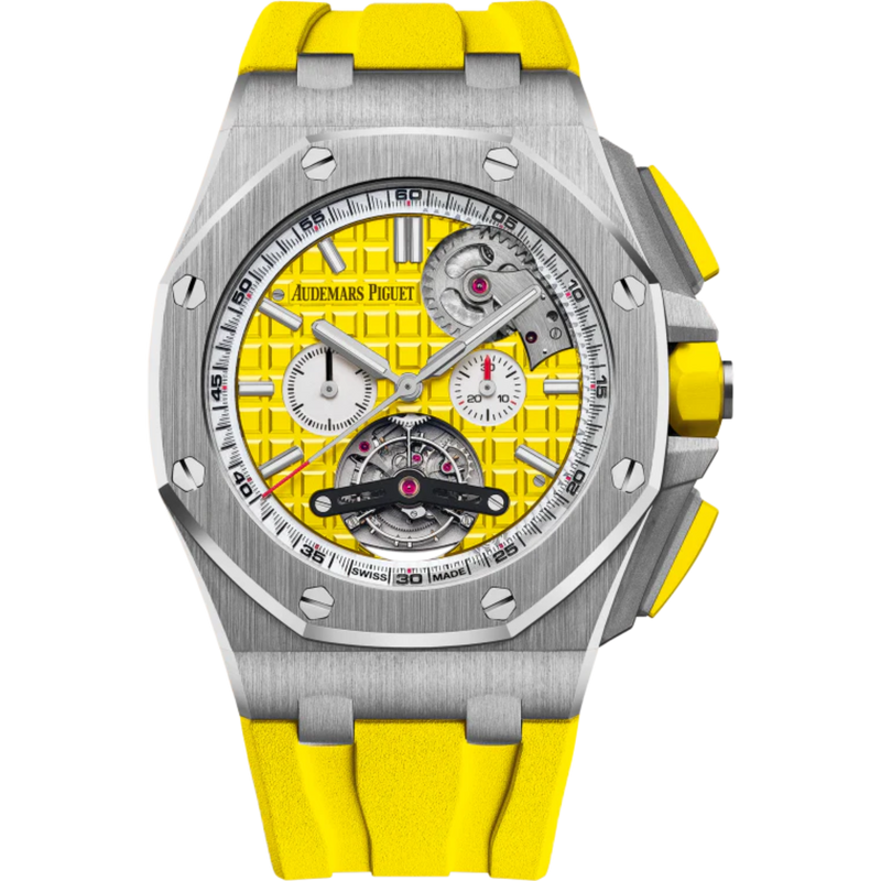 Royal Oak Offshore Tourbillon Chronograph Selfwinding 44MM Yellow Rubber Strap Yellow Dial With Méga Tapisserie Pattern Stainless Steel Case - Audemars Piguet