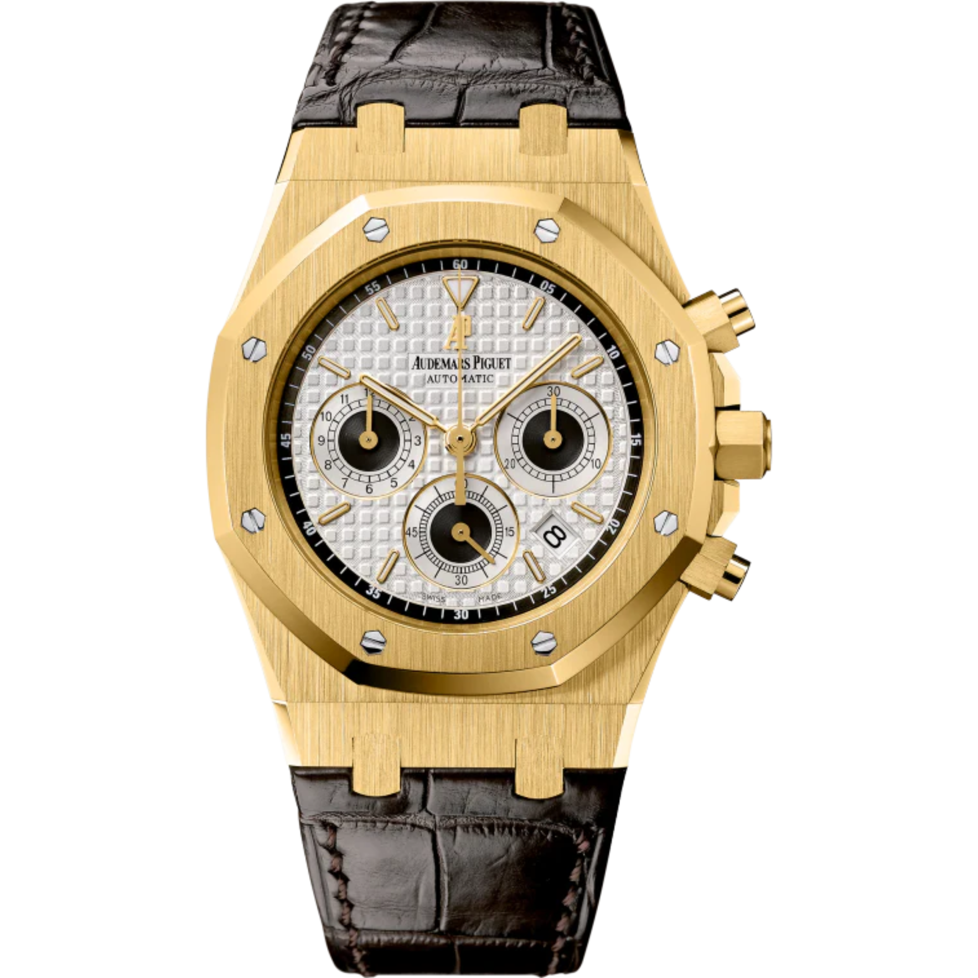Royal Oak Chronograph 39MM Black Crocodile Strap Silver Dial With Grande Tapisserie Pattern 18-Carat Yellow Gold Case - Audemars Piguet
