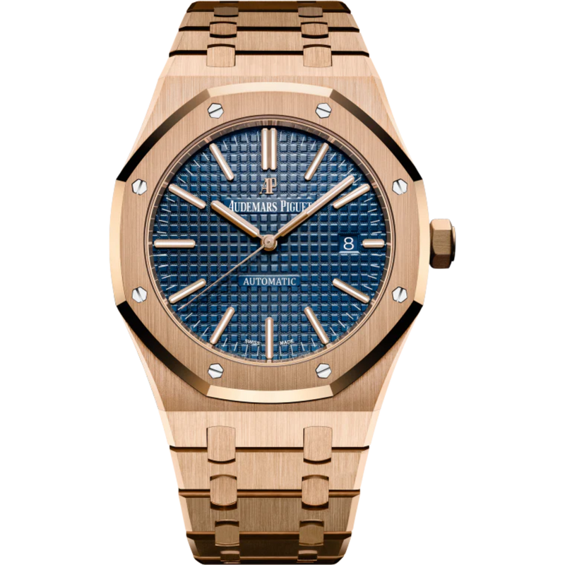 Royal Oak Selfwinding 41MM 18-Carat Pink Gold Bracelet Blue Dial With Grande Tapisserie Pattern 18-Carat Pink Gold Case - Audemars Piguet