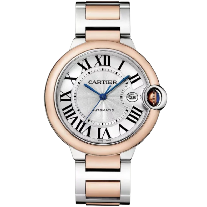 BALLON BLEU DE CARTIER 42 MM STAINLESS STEEL, 18K ROSE GOLD BEZEL WITH SILVER GUILLOCHE DIAL - Cartier