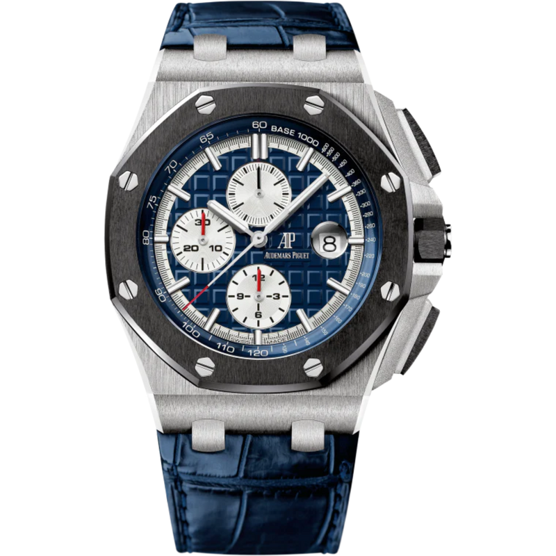 Royal Oak Offshore Chronograph 44MM Blue Alligator Strap Blue Dial With Méga Tapisserie Pattern 950 Platinum Case Black Ceramic Bezel - Audemars Piguet