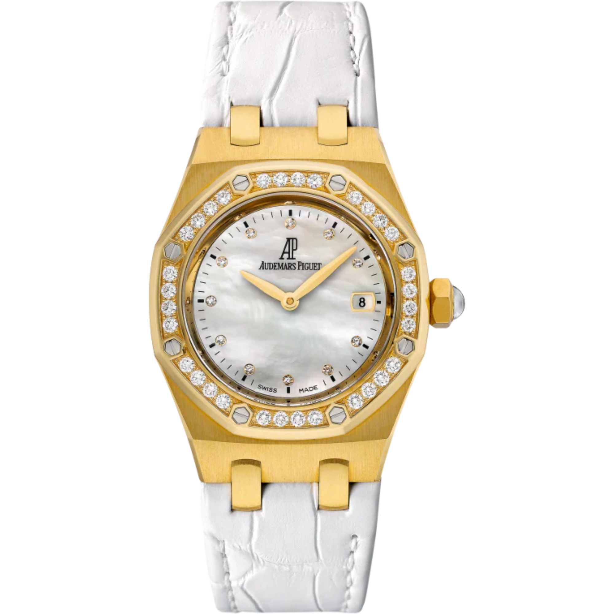 Royal Oak Quartz 33MM White Alligator Strap White Mother-Of-Pearl Dial 18-Carat Yellow Gold Case Bezel Set With Brilliant-Cut Diamonds - Audemars Piguet
