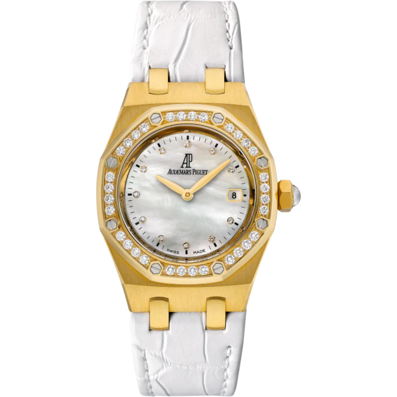 Royal Oak Quartz 33MM White Alligator Strap White Mother-Of-Pearl Dial 18-Carat Yellow Gold Case Bezel Set With Brilliant-Cut Diamonds - Audemars Piguet
