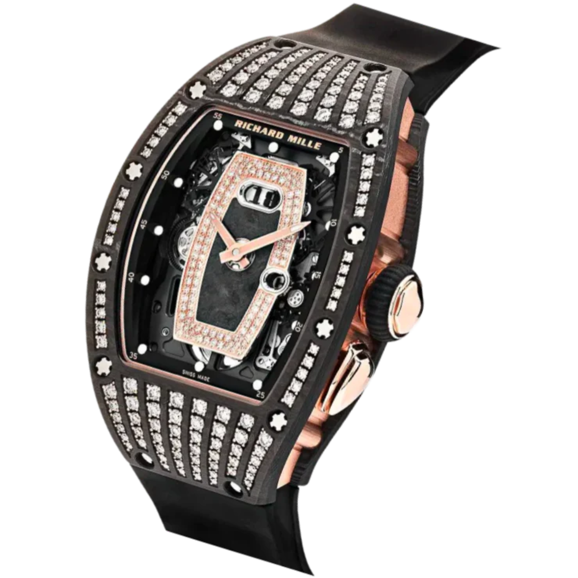 RM 037 Ladies’ Rose Gold Carbon Tpt Diamond Set Black Rubber Strap Skeletal Dial  Rose Gold Case Diamond Set Bezel - Richard Mille