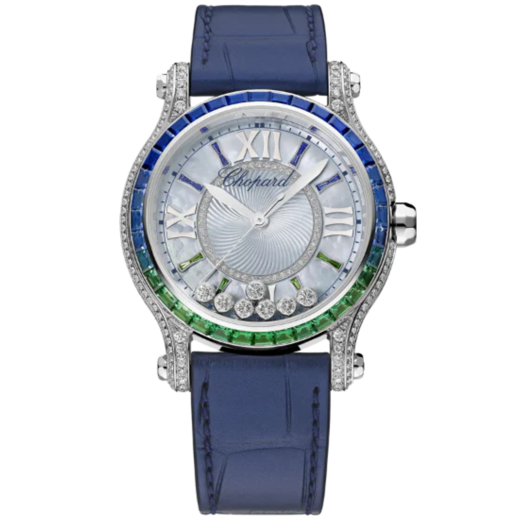 HAPPY SPORT LAGUNA VERDE 36 MM ETHICAL WHITE GOLD - DIAMONDS - EMERALDS - SAPPHIRES WITH MOTHER OF PEARL DIAL - Chopard
