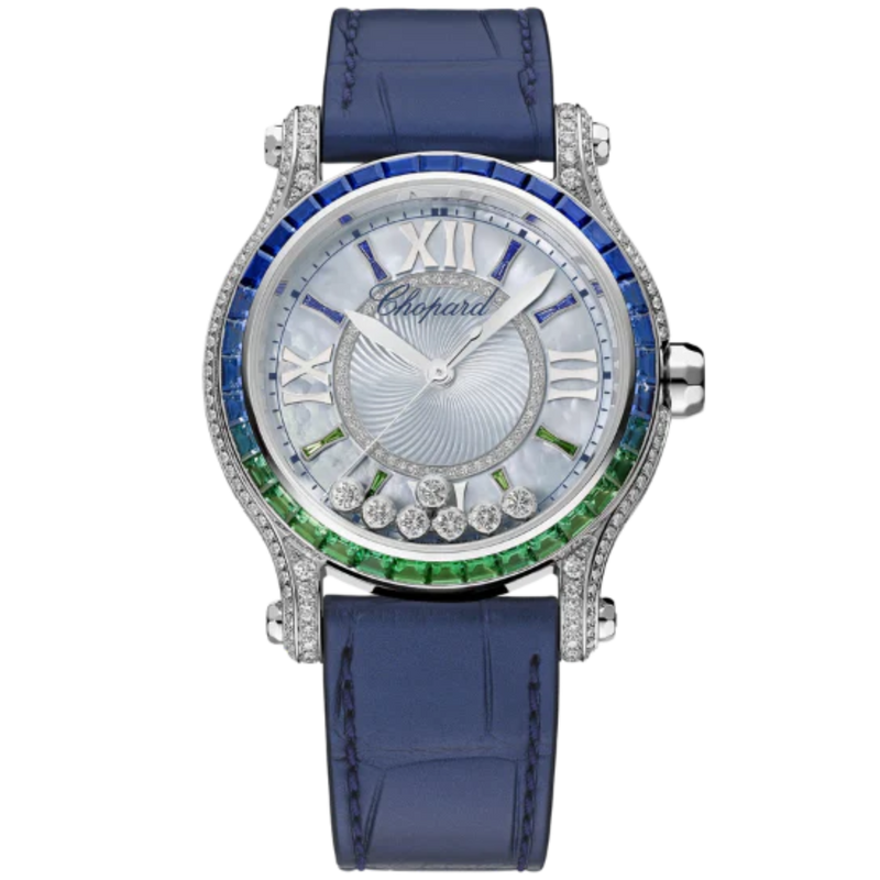 HAPPY SPORT LAGUNA VERDE 36 MM ETHICAL WHITE GOLD - DIAMONDS - EMERALDS - SAPPHIRES WITH MOTHER OF PEARL DIAL - Chopard
