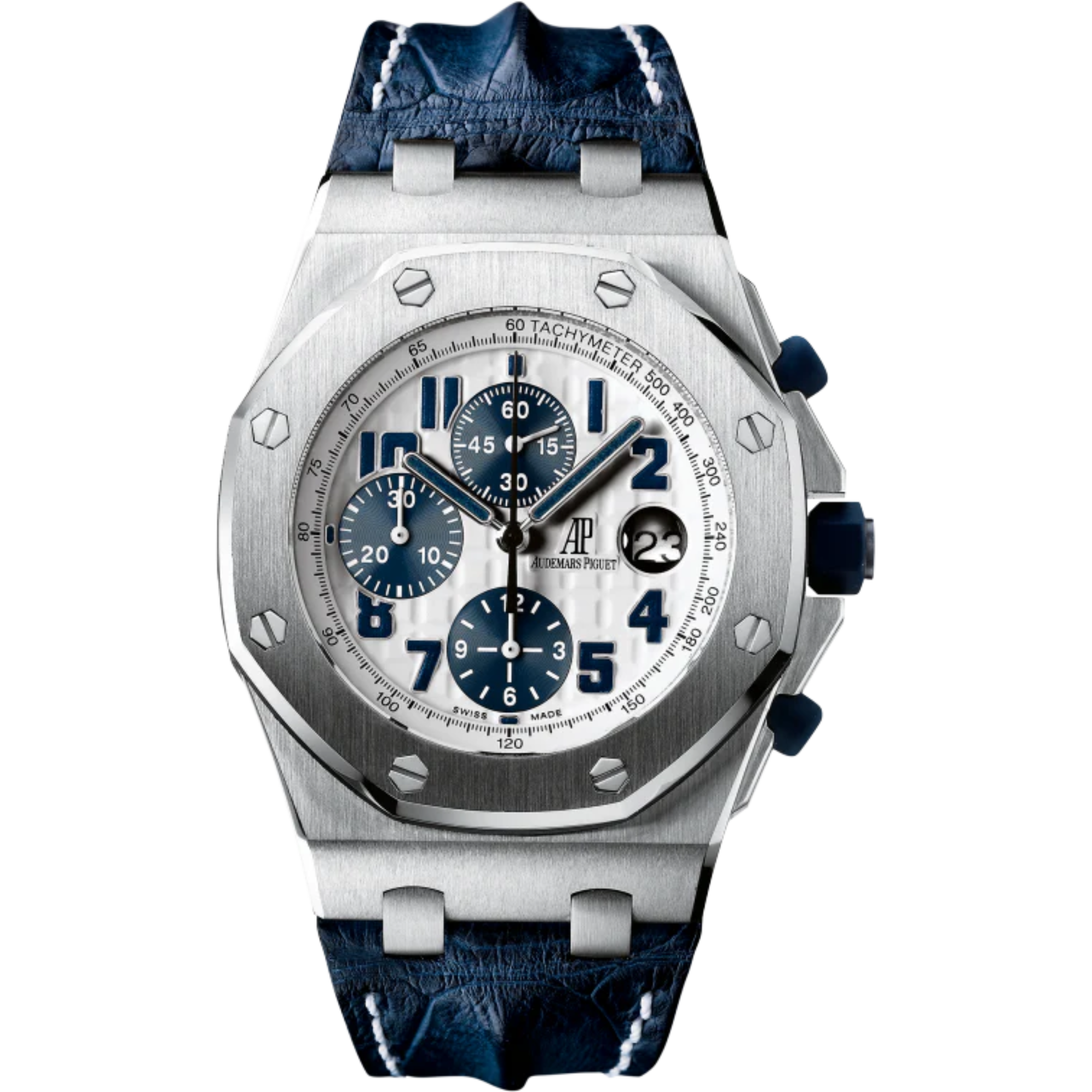 Royal Oak Offshore Chronograph Navy 42MM Blue Leather Strap White Dial With Méga Tapisserie Pattern Stainless Steel Case - Audemars Piguet