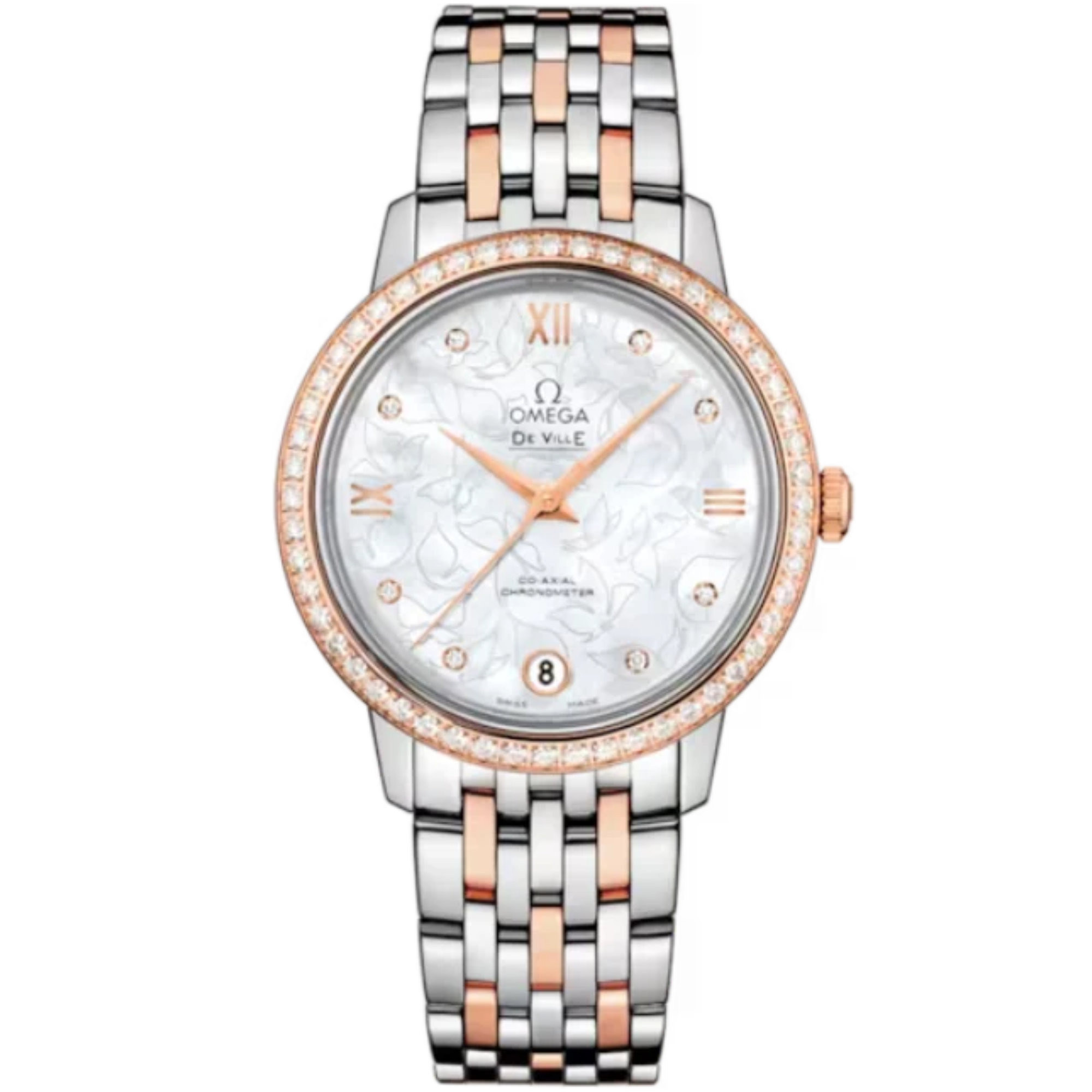 DE VILLE PRESTIGE BUTTERFLY 33 MM STAINLESS STEEL - RED GOLD WITH MOTHER OF PEARL DIAL - Omega