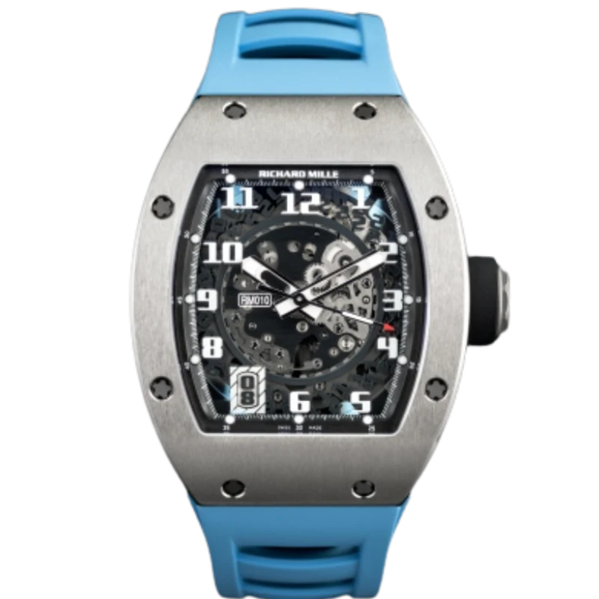 RM 010 White Gold Automatic Sky Blue Rubber Strap White Gold Case - Richard Mille