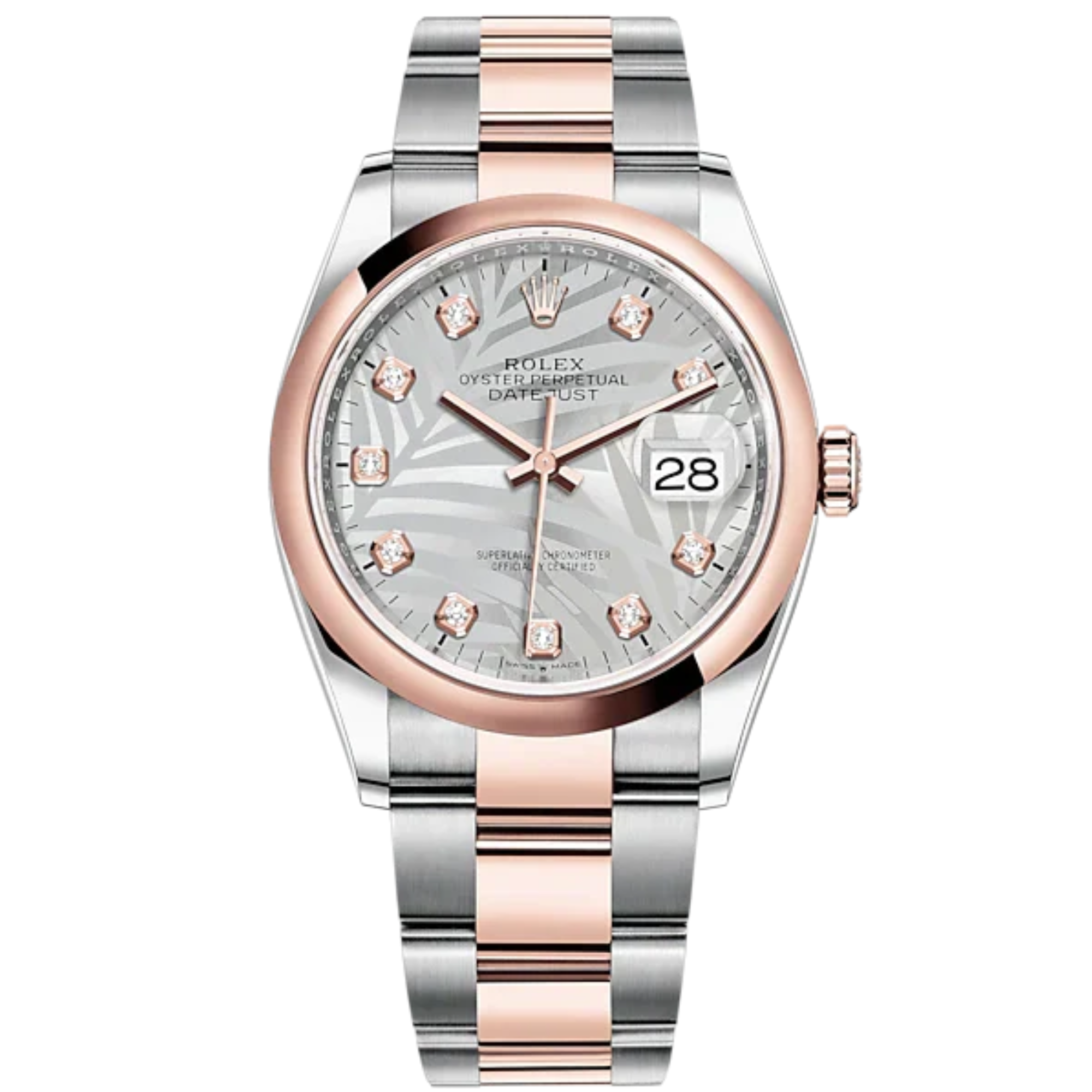 Datejust 36 36mm Oystersteel Everose Gold Oyster Bracelet Silver Palm-Motif Diamond-set Dial Domed Bezel - Rolex