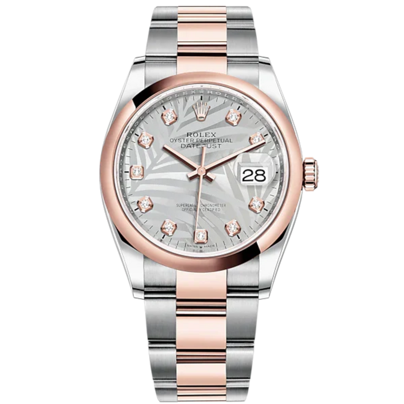 Datejust 36 36mm Oystersteel Everose Gold Oyster Bracelet Silver Palm-Motif Diamond-set Dial Domed Bezel - Rolex