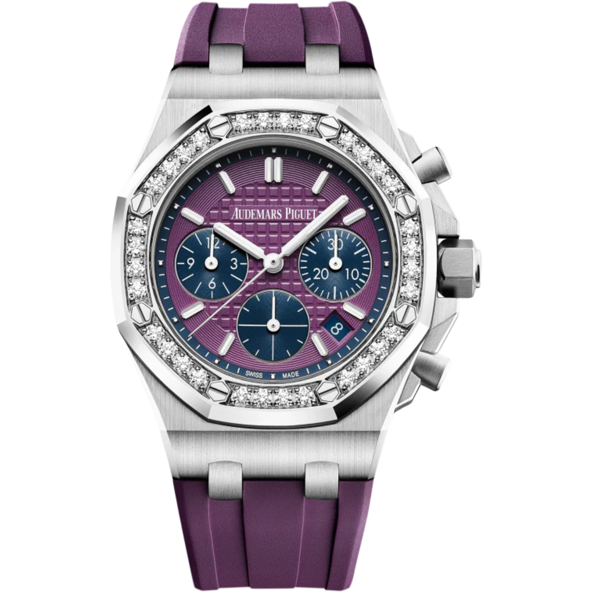 Royal Oak Offshore Selfwinding Chronograph 37MM Purple Rubber Strap Purple Dial With Lady Tapisserie Pattern Stainless Steel Case Diamond-Set Bezel - Audemars Piguet