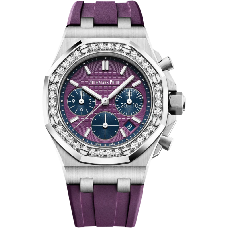 Royal Oak Offshore Selfwinding Chronograph 37MM Purple Rubber Strap Purple Dial With Lady Tapisserie Pattern Stainless Steel Case Diamond-Set Bezel - Audemars Piguet