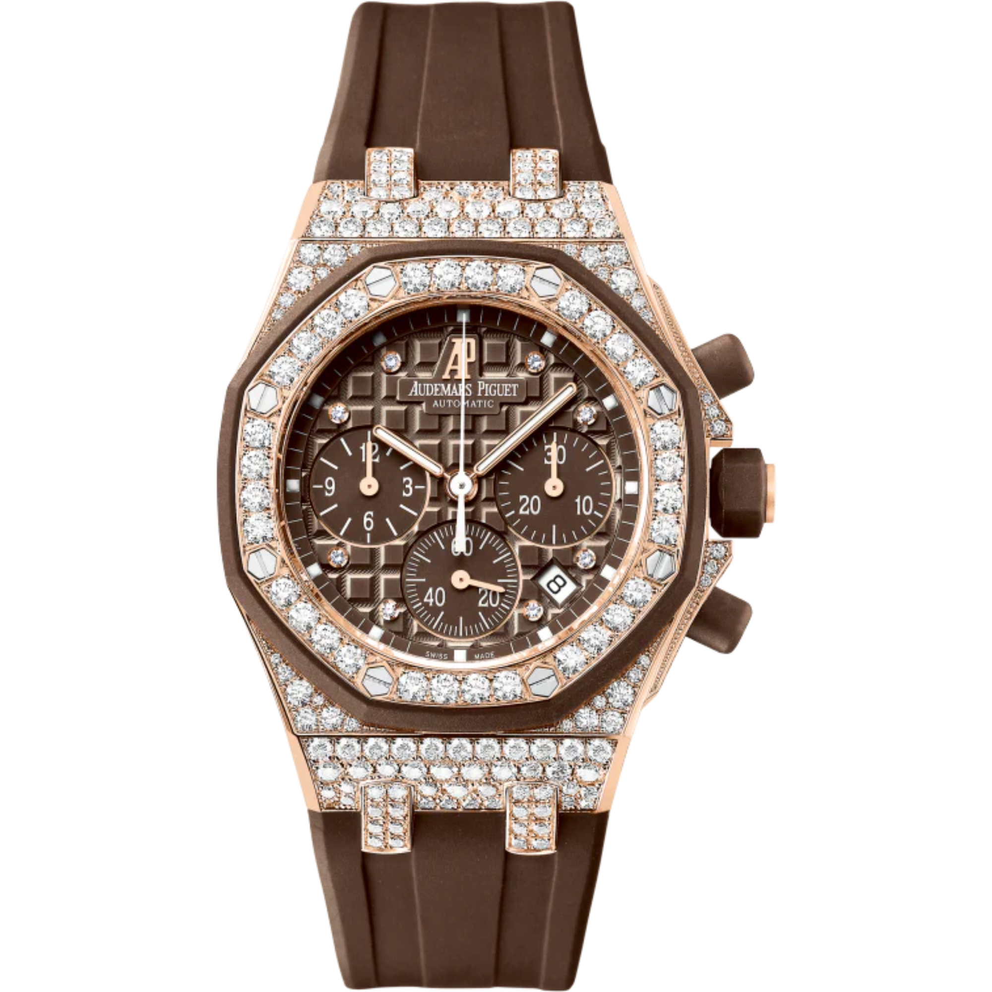 Royal Oak Offshore Chronograph 37MM Brown Rubber Strap Brown Dial With Méga Tapisserie Pattern 18-Carat Pink Gold Case Entirely Set With Diamonds - Audemars Piguet