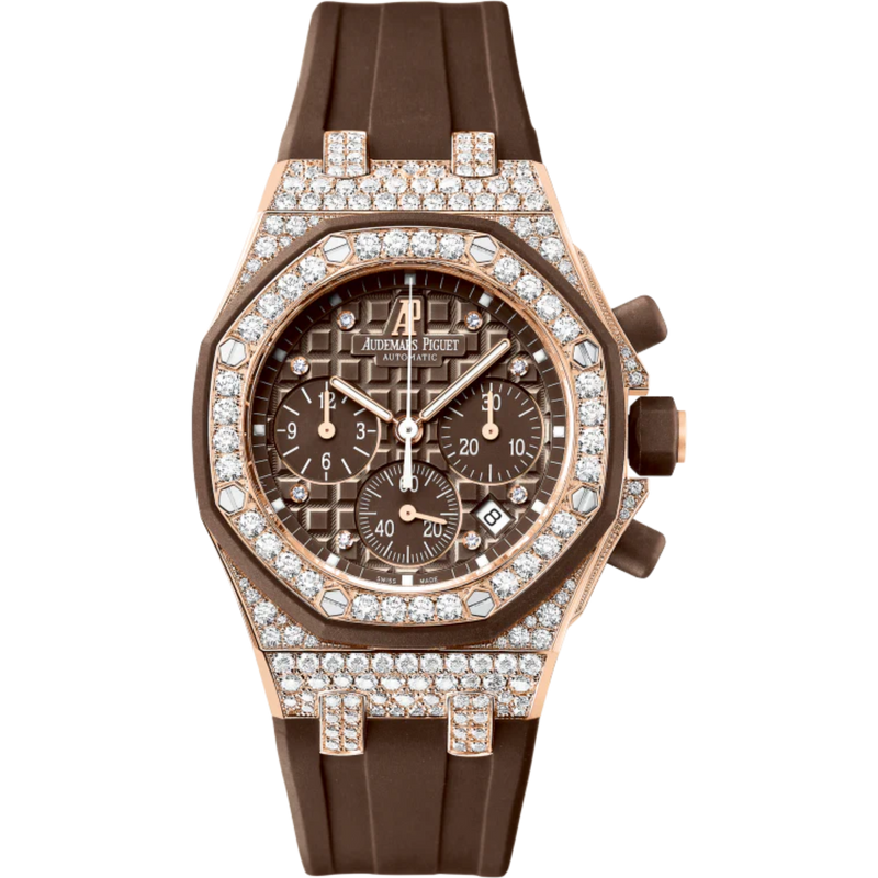 Royal Oak Offshore Chronograph 37MM Brown Rubber Strap Brown Dial With Méga Tapisserie Pattern 18-Carat Pink Gold Case Entirely Set With Diamonds - Audemars Piguet