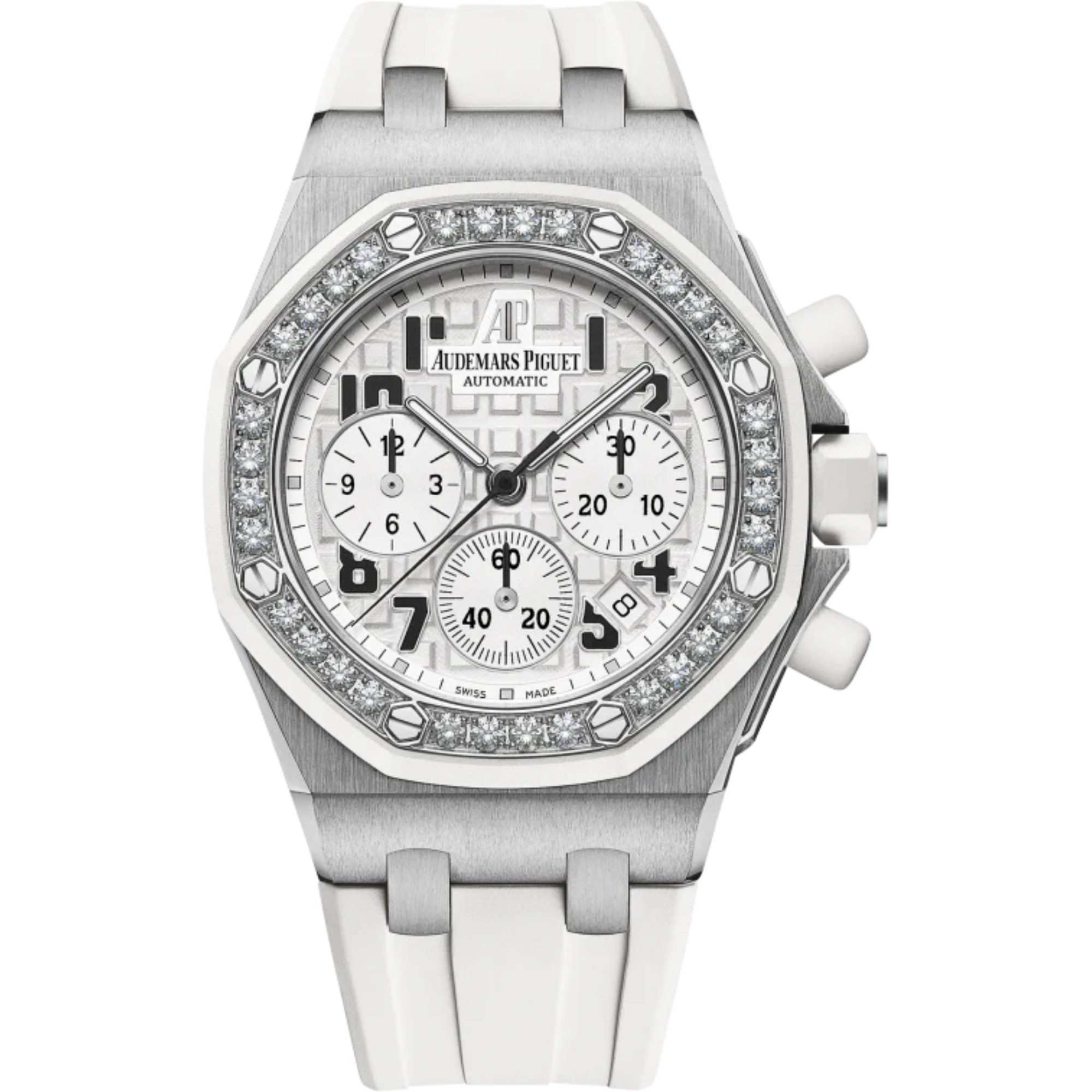 Royal Oak Offshore Chronograph 37MM White Rubber Strap White Dial With Méga Tapisserie Pattern Stainless Steel Case Diamond-Set Bezel - Audemars Piguet