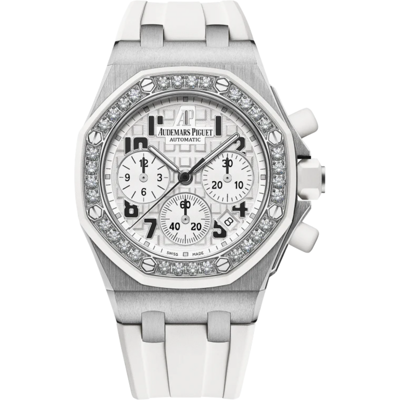 Royal Oak Offshore Chronograph 37MM White Rubber Strap White Dial With Méga Tapisserie Pattern Stainless Steel Case Diamond-Set Bezel - Audemars Piguet