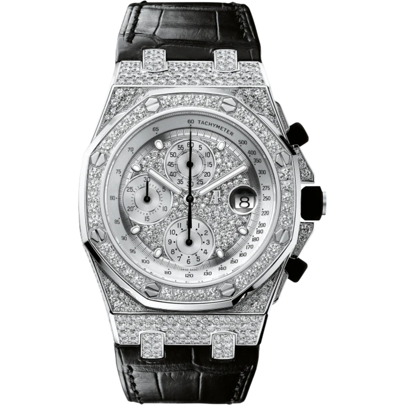 Royal Oak Offshore Chronograph 42MM Black Alligator Strap Diamond-Paved Dial 18-Carat White Gold Case Entirely Set With Diamonds - Audemars Piguet
