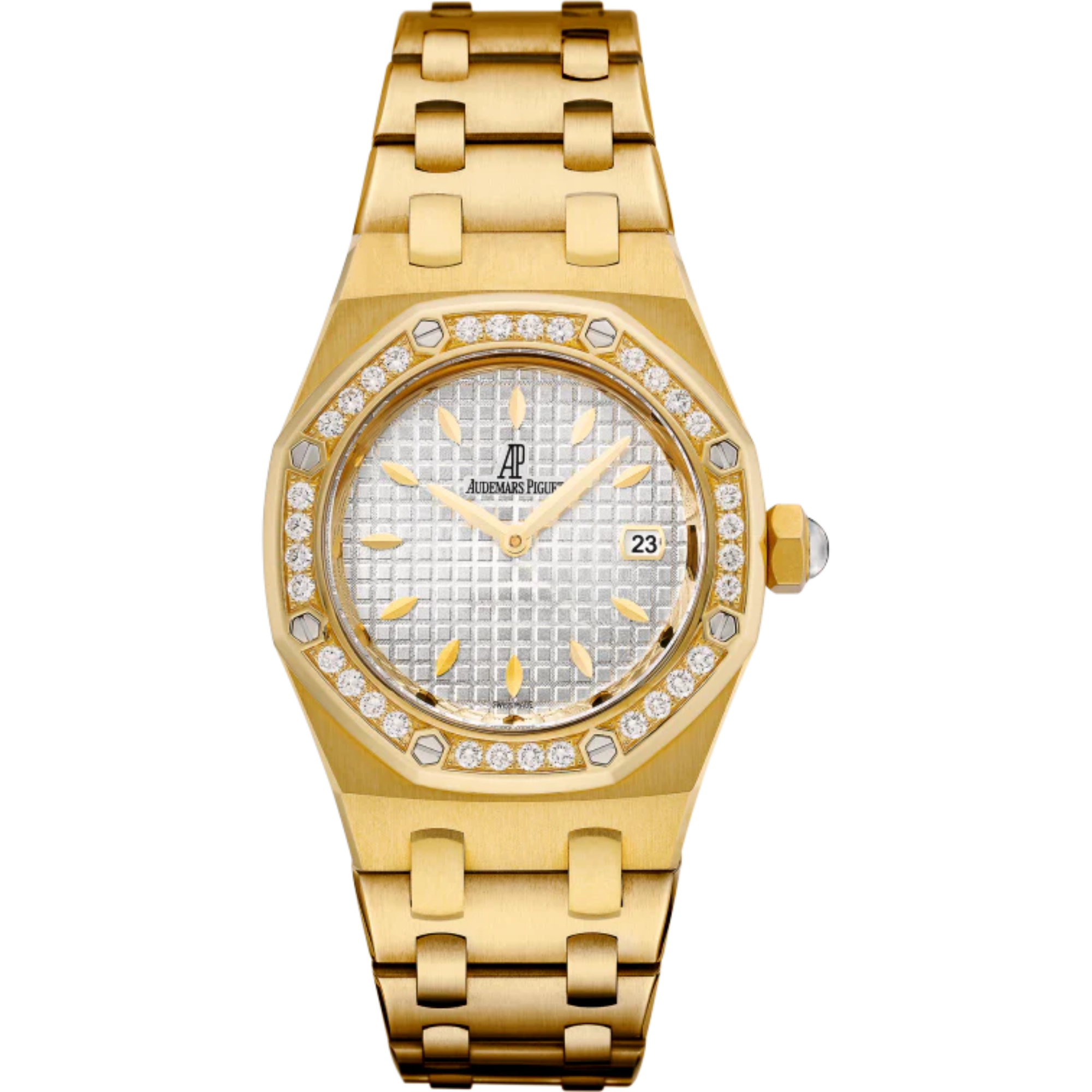 Royal Oak Quartz 33MM 18-Carat Yellow Gold Bracelet Silver Dial With Grande Tapisserie Pattern 18-Carat Yellow Gold Case Bezel Set With Brilliant-Cut Diamonds - Audemars Piguet