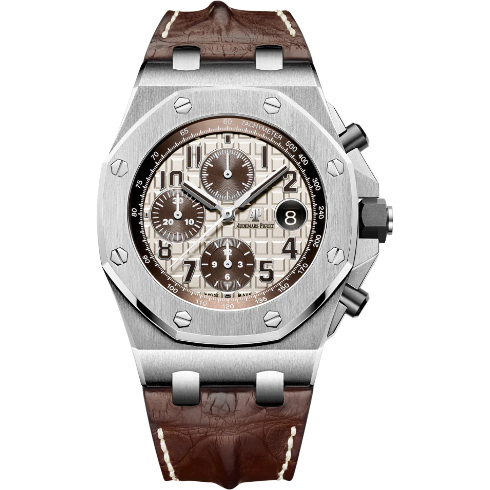 Royal Oak Offshore Chronograph 42MM Brown Alligator Strap Ivory-Toned Dial With Méga Tapisserie Pattern Stainless Steel Case - Audemars Piguet