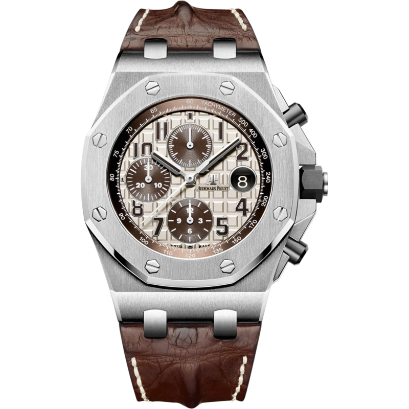 Royal Oak Offshore Chronograph 42MM Brown Alligator Strap Ivory-Toned Dial With Méga Tapisserie Pattern Stainless Steel Case - Audemars Piguet
