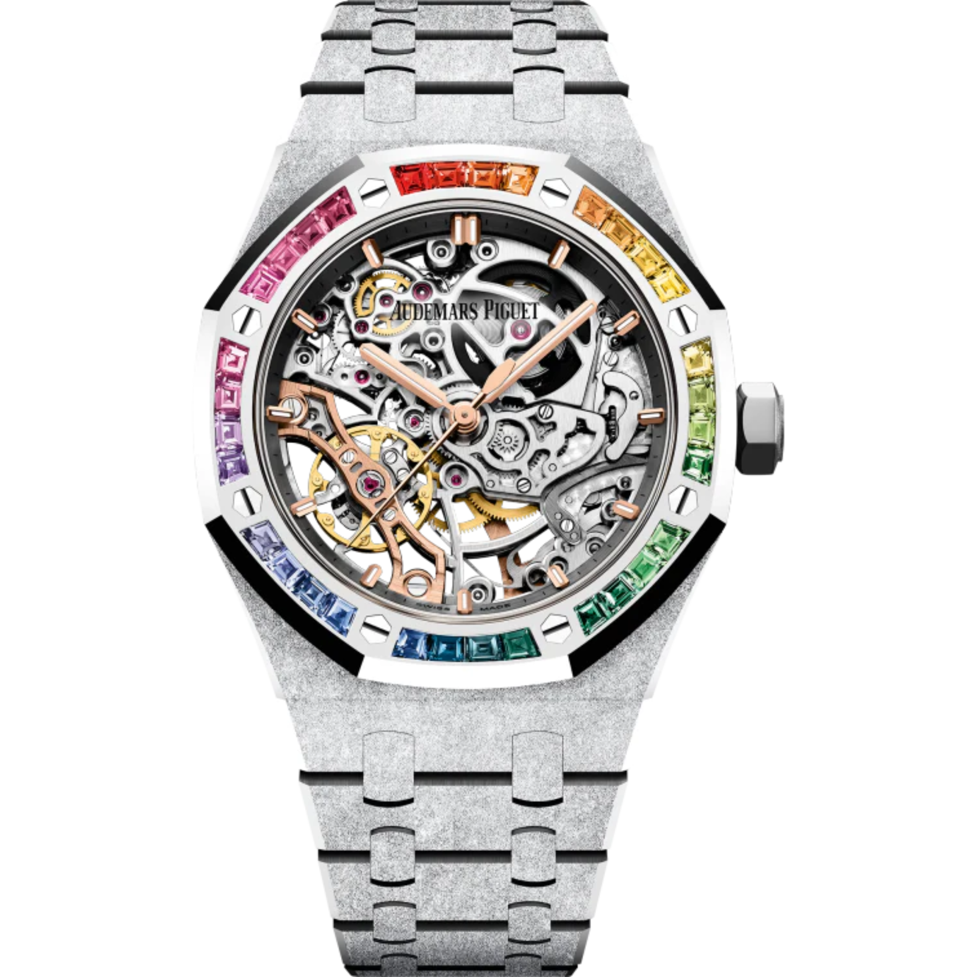 Royal Oak Frosted Gold Double Balance Wheel Openworked 37MM Hammered 18-Carat White Gold Bracelet Rhodium-Toned Openworked Dial Hammered 18-Carat White Gold Case Bezel Set With Rainbow-Coloured Baguette-Cut Sapphire - Audemars Piguet