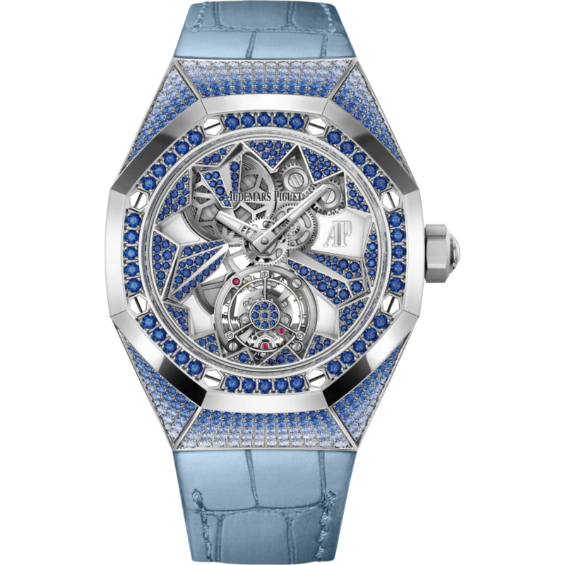 Royal Oak Concept 38.5mm Flying Tourbillon Light Blue Aligator Strap with 18-Carat White Gold Dial Case Entirely Set Sapphires - Audemars Piguet
