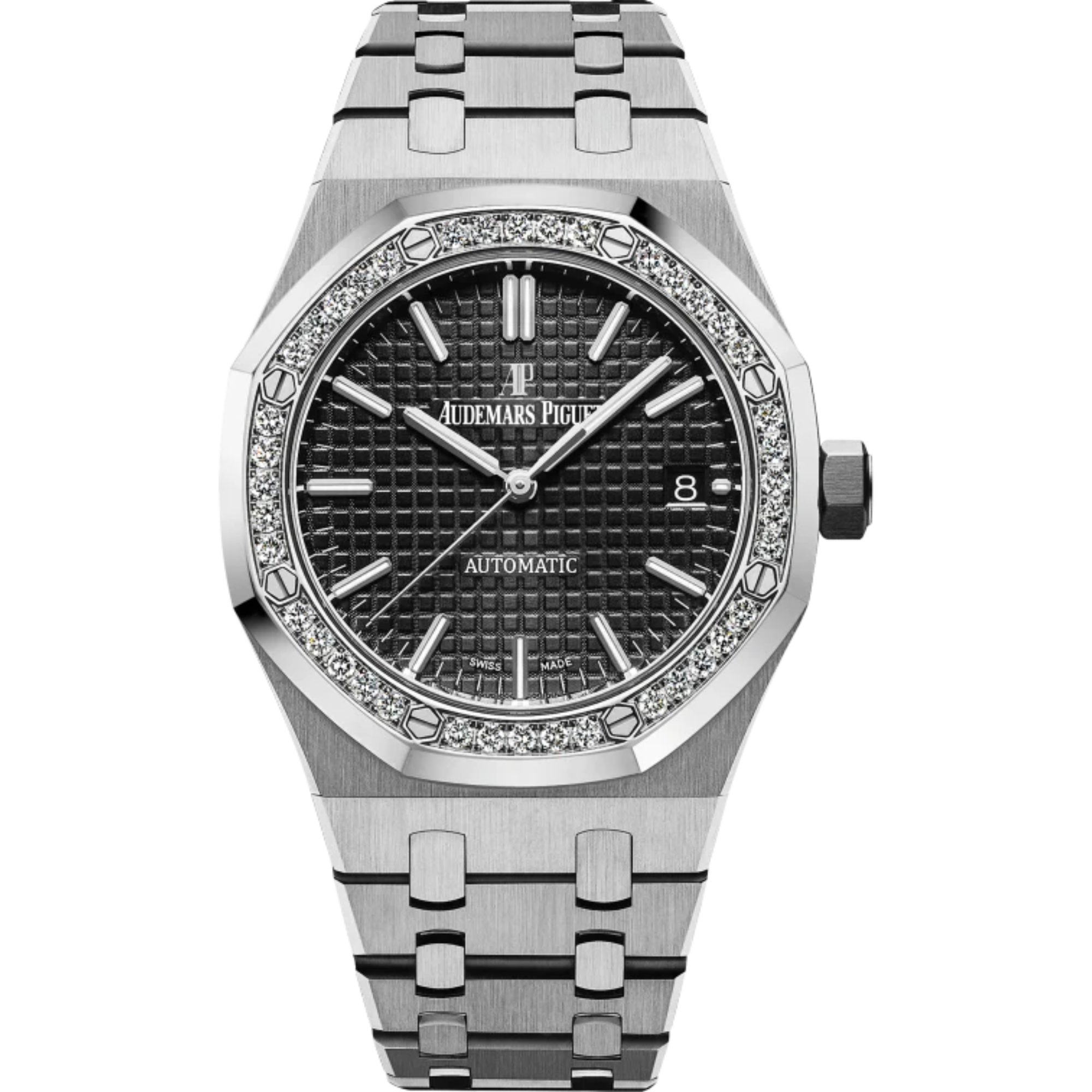 Royal Oak Selfwinding 37MM Stainless Steel Bracelet Black Dial With Grande Tapisserie Pattern Stainless Steel Case Diamond-Set Bezel - Audemars Piguet