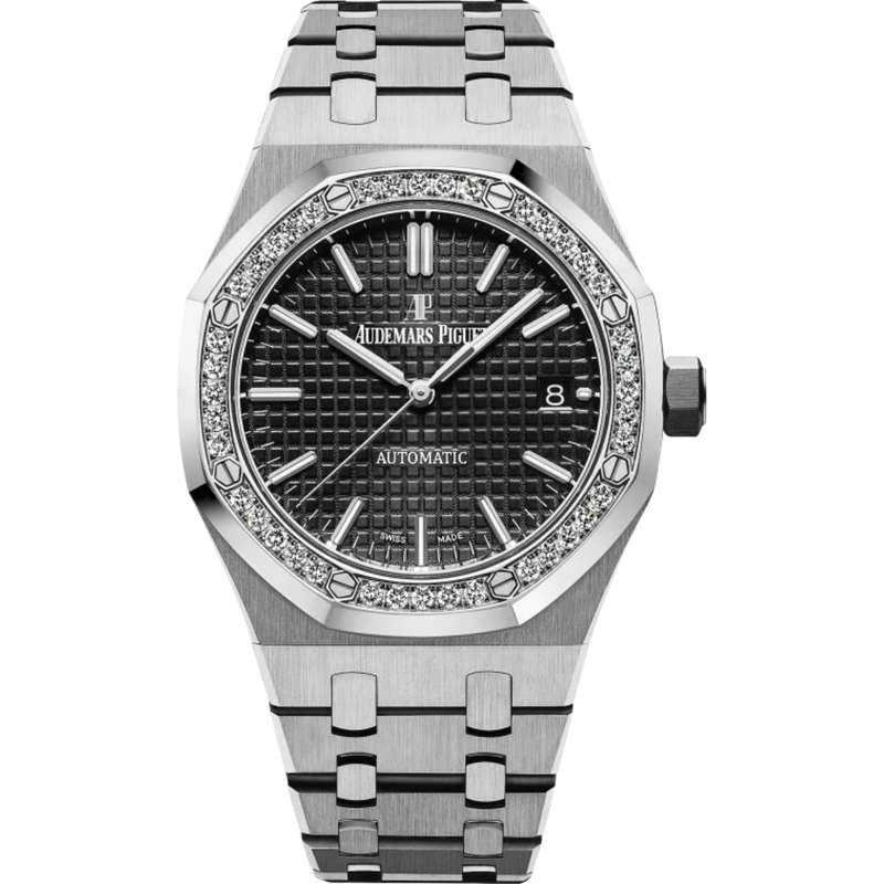 Royal Oak Selfwinding 37MM Stainless Steel Bracelet Black Dial With Grande Tapisserie Pattern Stainless Steel Case Diamond-Set Bezel - Audemars Piguet