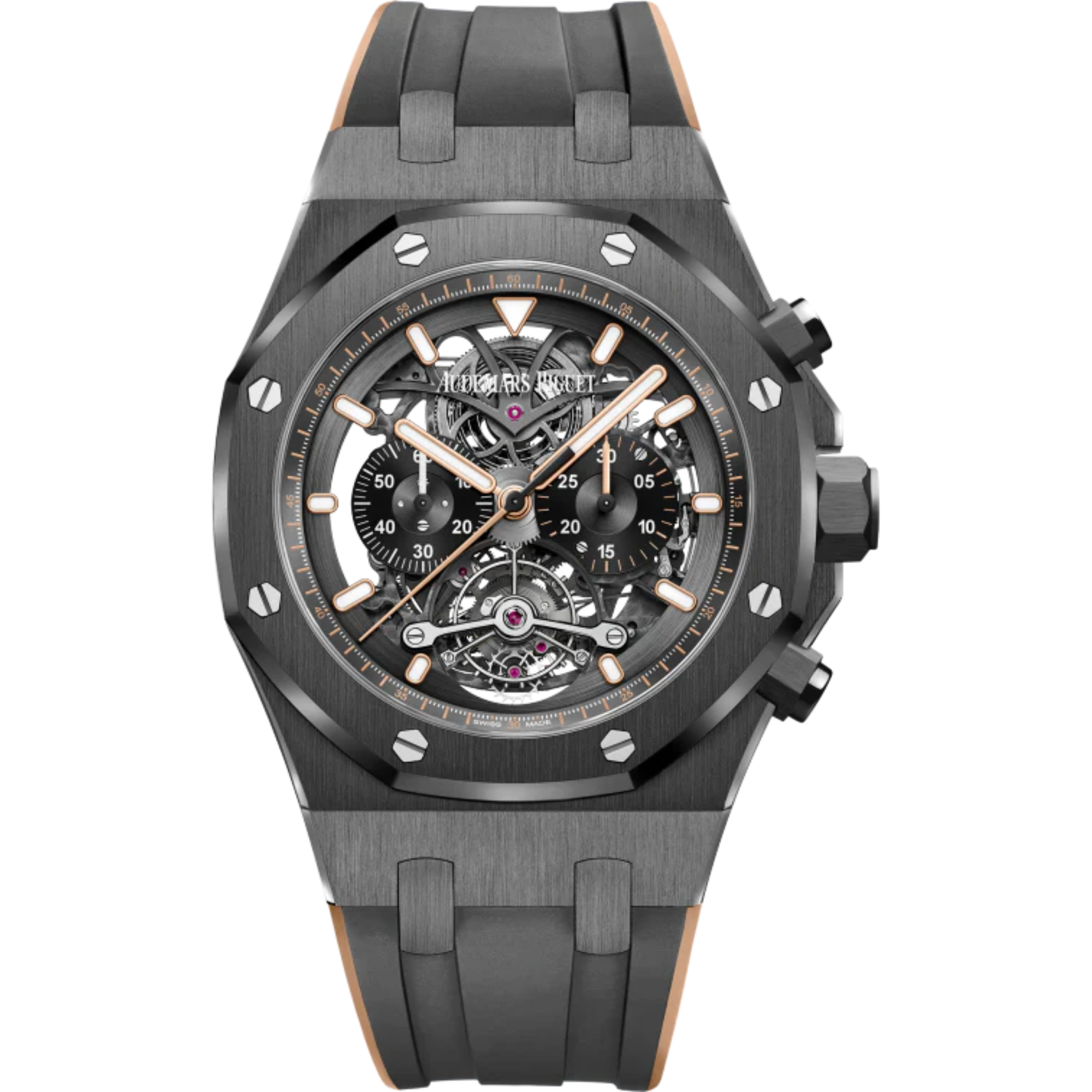 Royal Oak Tourbillon Chronograph Openworked 44MM Two-Tone Black and Pink Gold-Toned Rubber Strap Openworked Satin-Brushed Black Dial Black Ceramic Case - Audemars Piguet