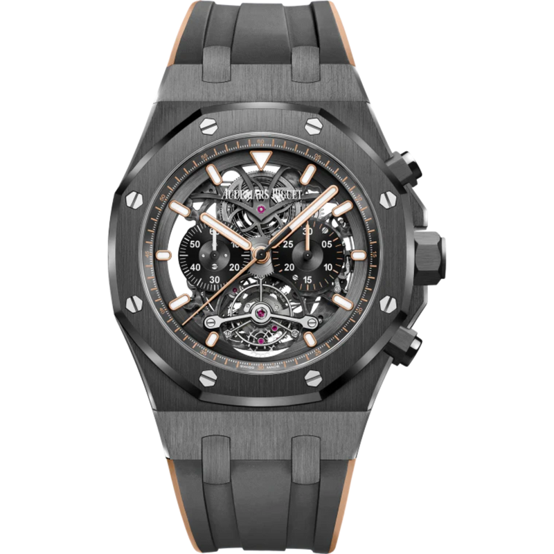 Royal Oak Tourbillon Chronograph Openworked 44MM Two-Tone Black and Pink Gold-Toned Rubber Strap Openworked Satin-Brushed Black Dial Black Ceramic Case - Audemars Piguet