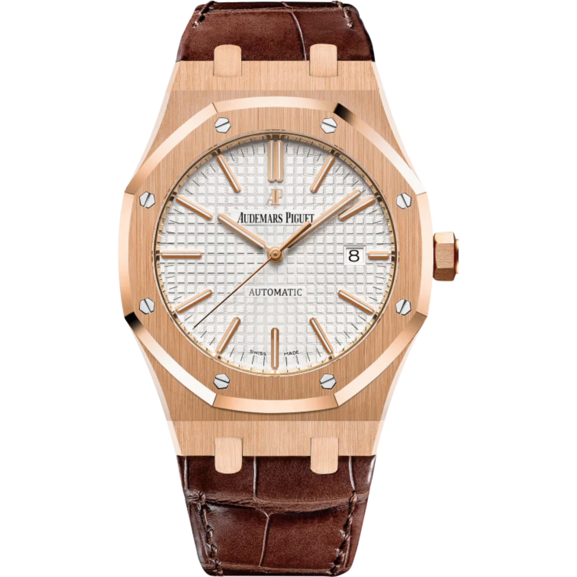 Royal Oak Selfwinding 41MM Brown Alligator Strap Silver-Toned Dial With Grande Tapisserie Pattern 18-Carat Pink Gold Case - Audemars Piguet