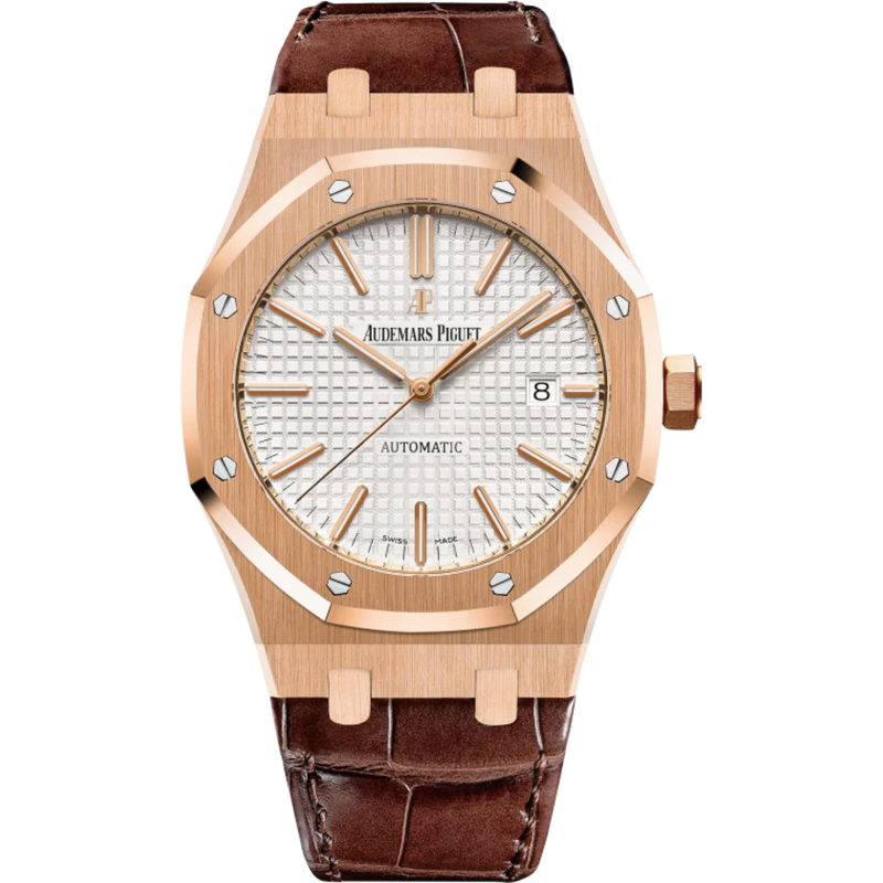 Royal Oak Selfwinding 41MM Brown Alligator Strap Silver-Toned Dial With Grande Tapisserie Pattern 18-Carat Pink Gold Case - Audemars Piguet