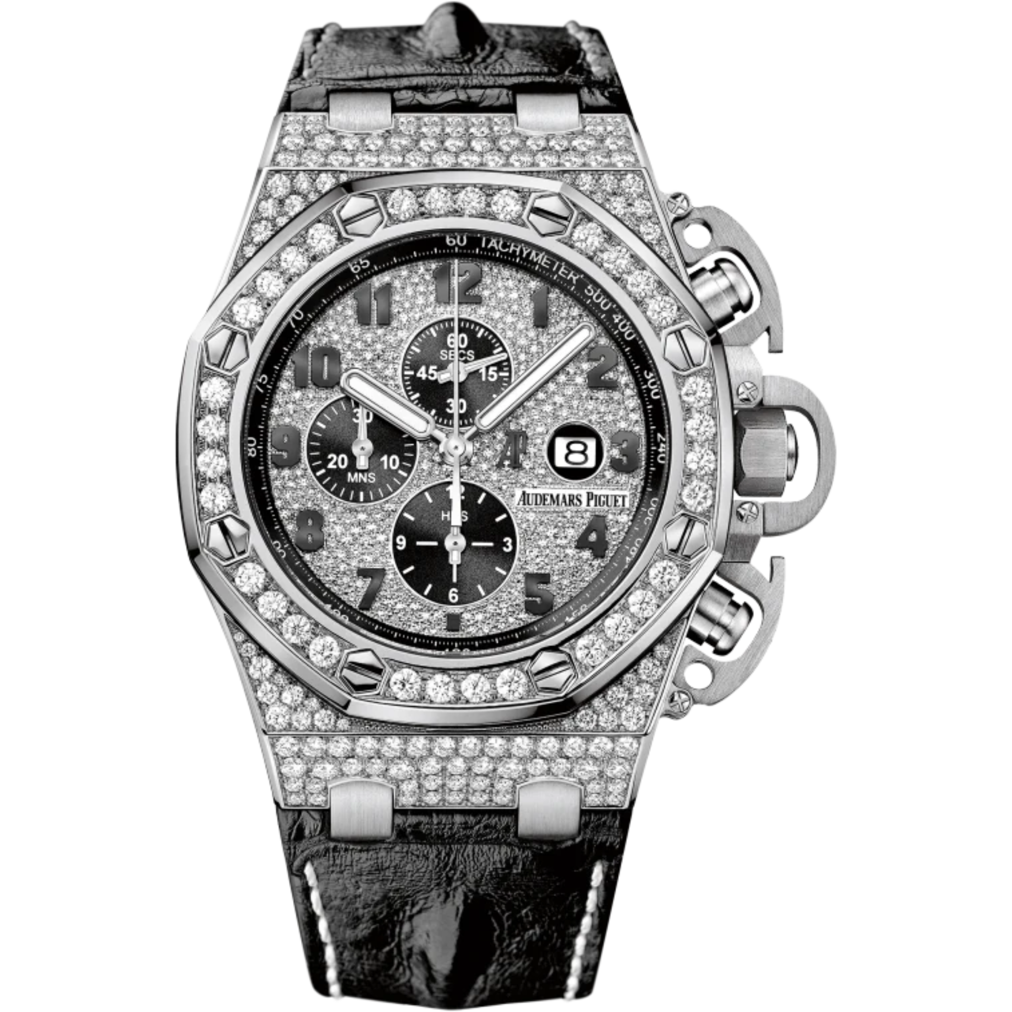 Royal Oak Offshore Chronograph 48MM Black Alligator Strap Diamond-Paved Dial 18-Carat White Gold Case Diamond-Set Bezel - Audemars Piguet