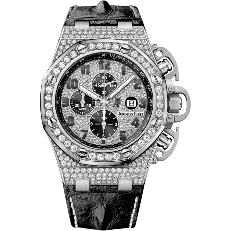 Royal Oak Offshore Chronograph 48MM Black Alligator Strap Diamond-Paved Dial 18-Carat White Gold Case Diamond-Set Bezel - Audemars Piguet