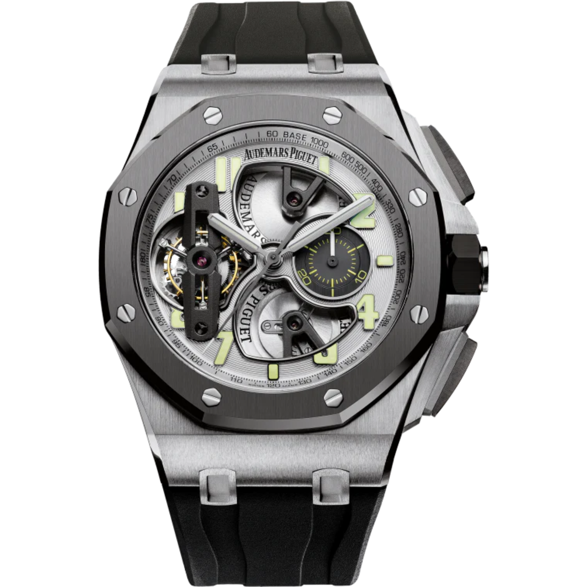 Royal Oak Offshore Tourbillon Chronograph 44MM Black Rubber Strap Silver-Toned Dial Openworked at 6, 9 and 12 O’Clock Titanium Case - Audemars Piguet