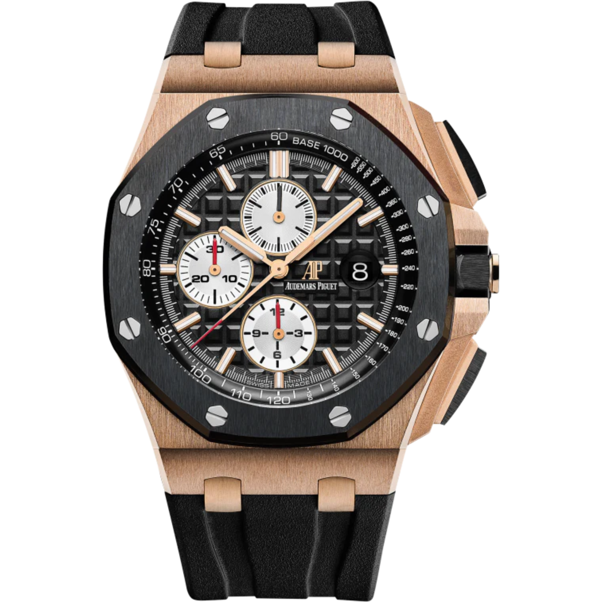 Royal Oak Offshore Chronograph 44MM Black Rubber Strap Black Dial With Méga Tapisserie Pattern 18-Carat Pink Gold Case Black Ceramic Bezel - Audemars Piguet