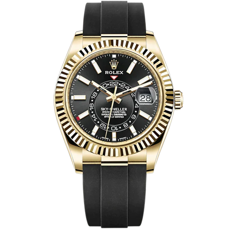 Sky-Dweller 42mm Oysterflex Bracelet and 18 CT Yellow Gold with Bright Black Dial Fluted Bezel - Rolex