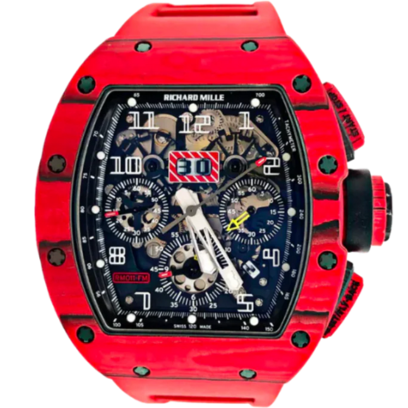 RM 011 Red Quartz Chronography Limited Edition Automatic Red Rubber Strap Carbon Case - Richard Mille