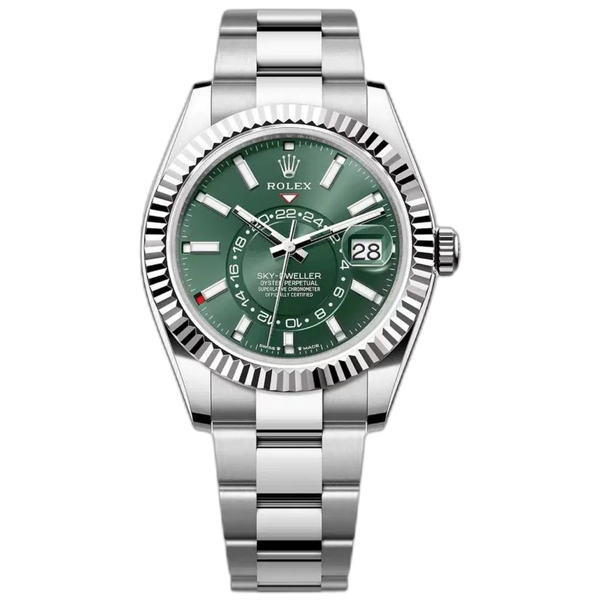 Rolex Sky-Dweller 42mm Oyster Bracelet Oystersteel and White Gold with Mint Green Dial Fluted Bezel